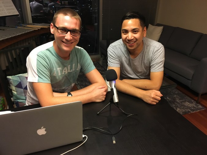 J.T. and Tony at the microphone recording episode 5