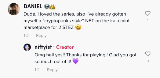 A screenshot from a tiktok video shows a commenter saying they were inspired to buy art on a Tezos marketplace