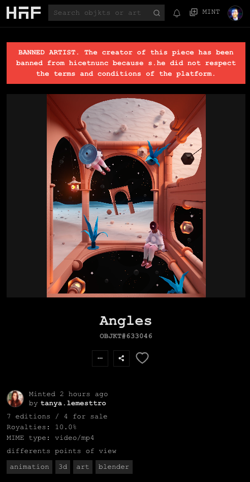 An artist's profile on hic.af shows a banner above warning that they have been banned