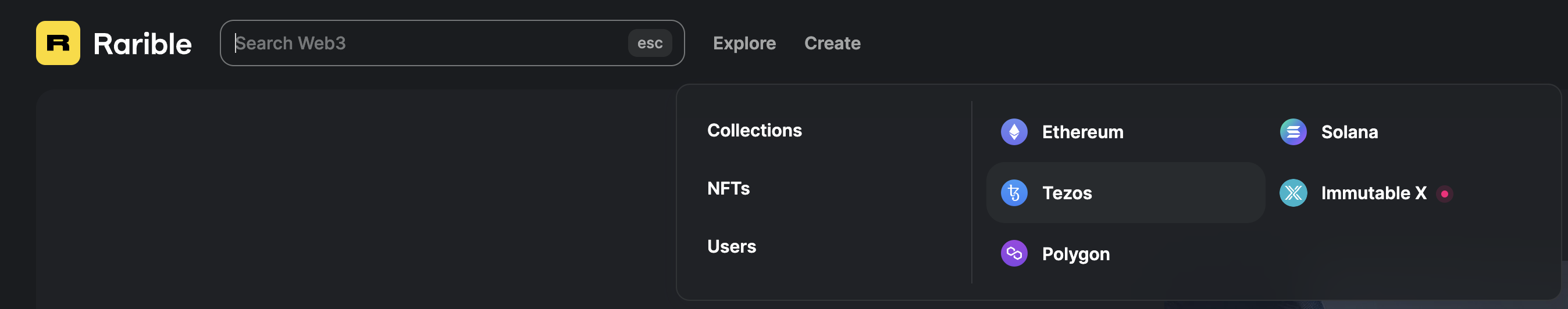 A screenshot of Rarible's homepage showing the Tezos network listed under the Explore button