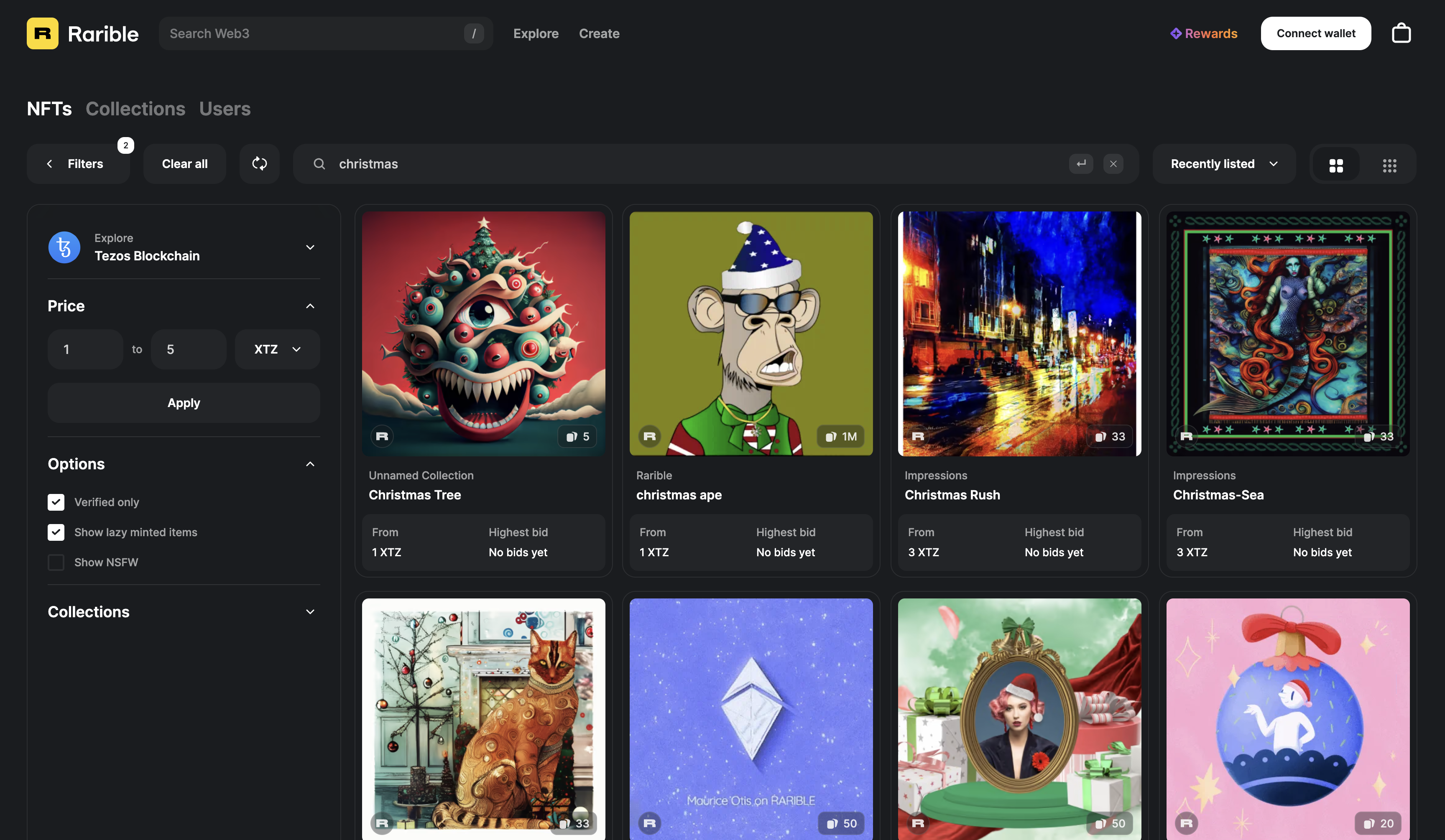 A screenshot of Rarible's marketplace page showing helpful filters applied, including Tezos Blockchain and price filters