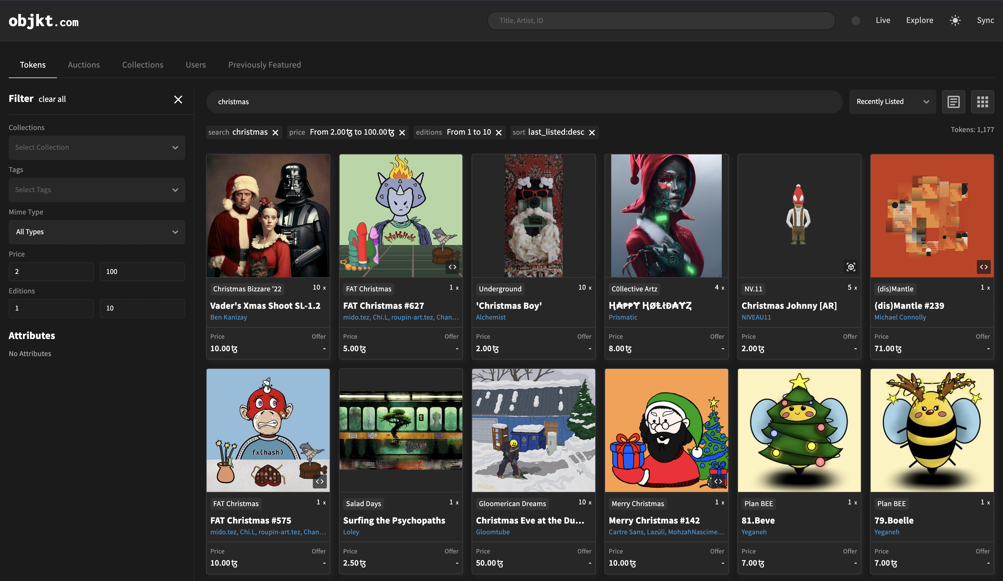 A screenshot of the Explore page on objkt.com with select filters applied to show available NFTs