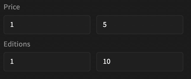 A screenshot of two of the filters available on objkt.com, Price and Editions