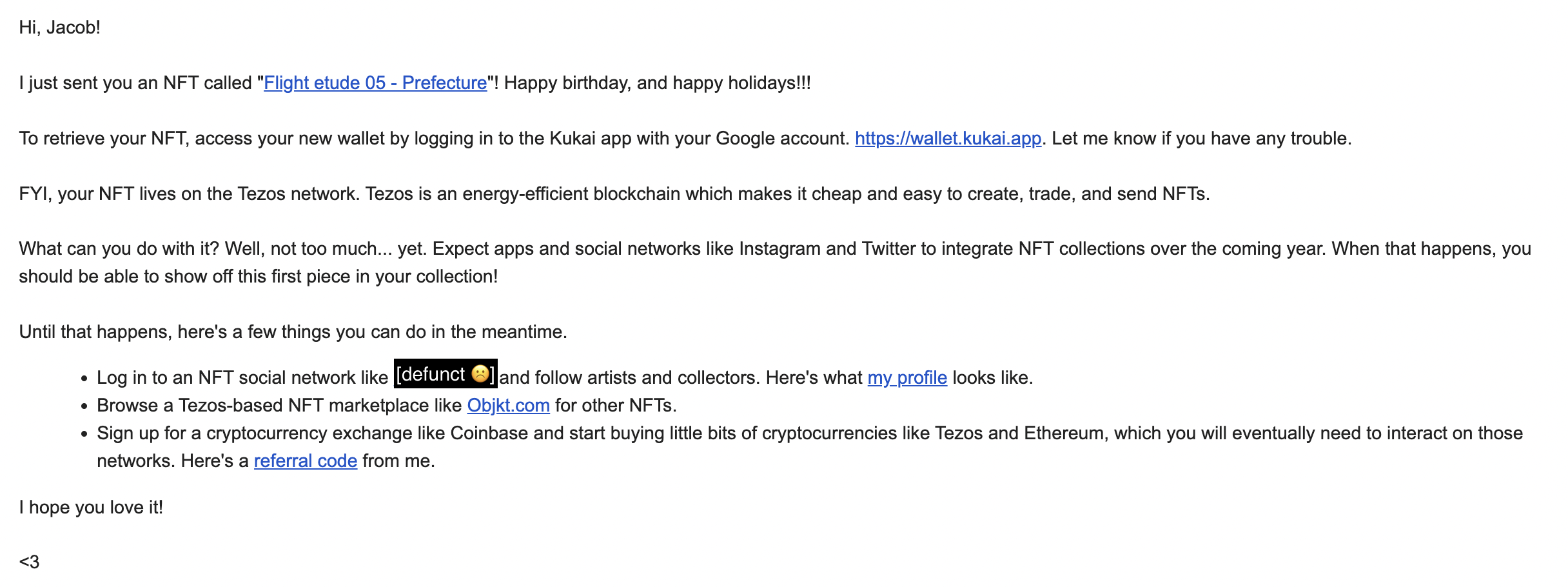 Screenshot of a typical email sent to friends telling them how to retrieve the NFT
