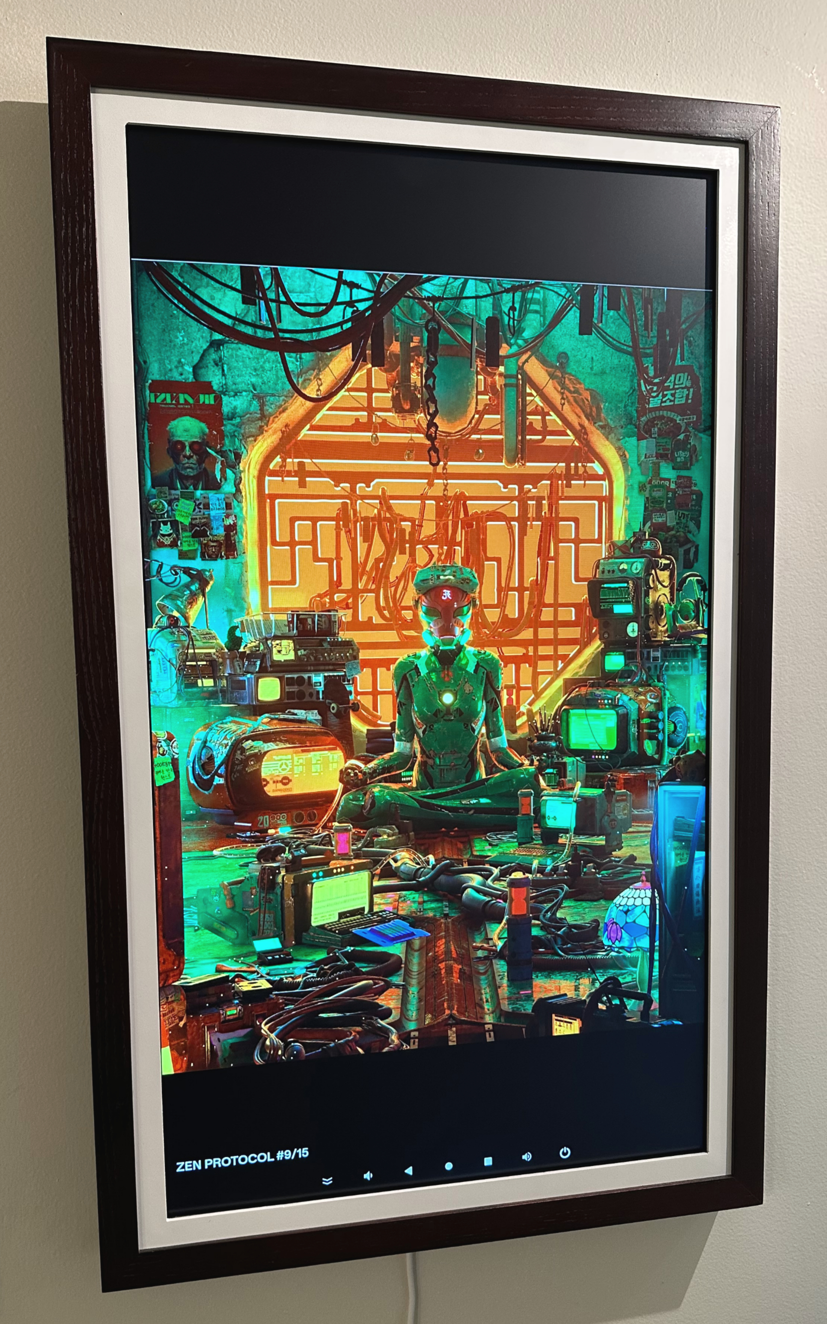 A colorful image of a person sitting with crossed legs in a cyberpunk scene.