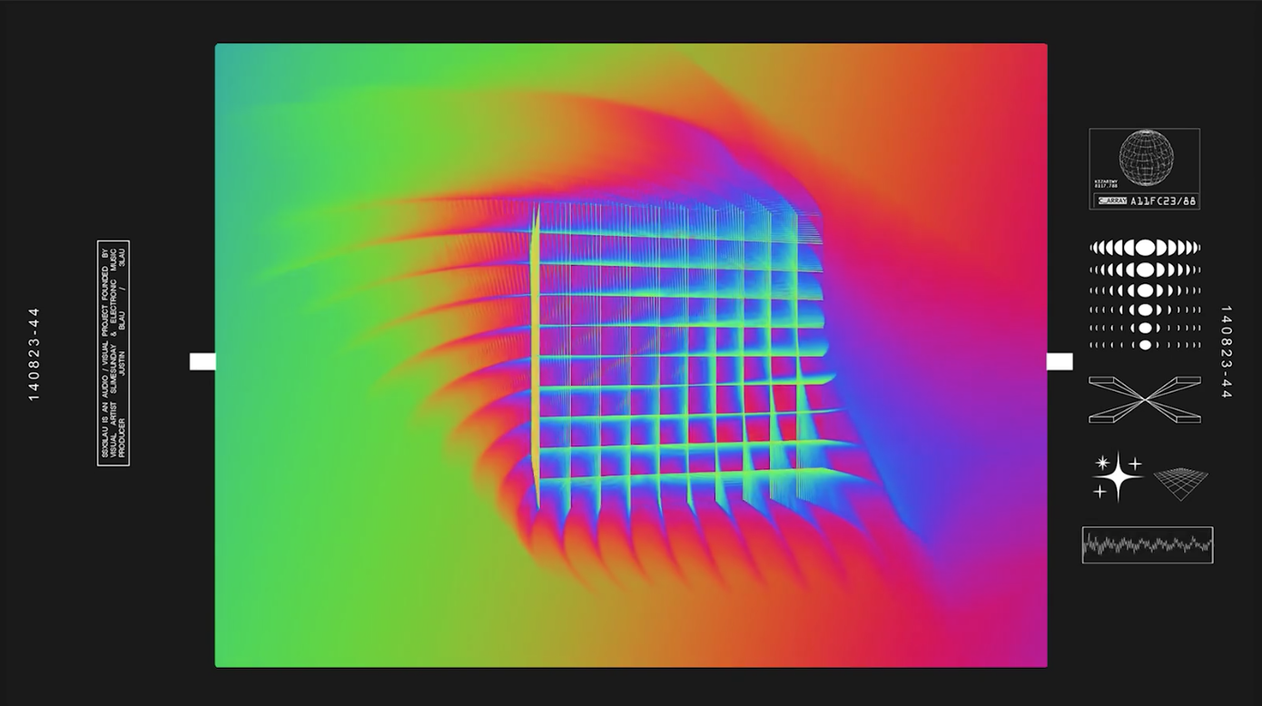 A 9x9 cube made up of bright shapeshifting colors slowly spins